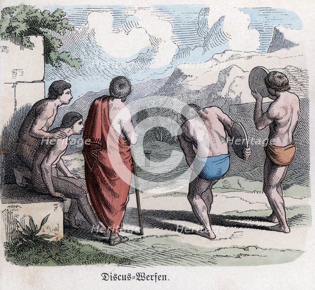 Ancient History. Greece. Athletic competitions, discus game. German engraving, 1865.