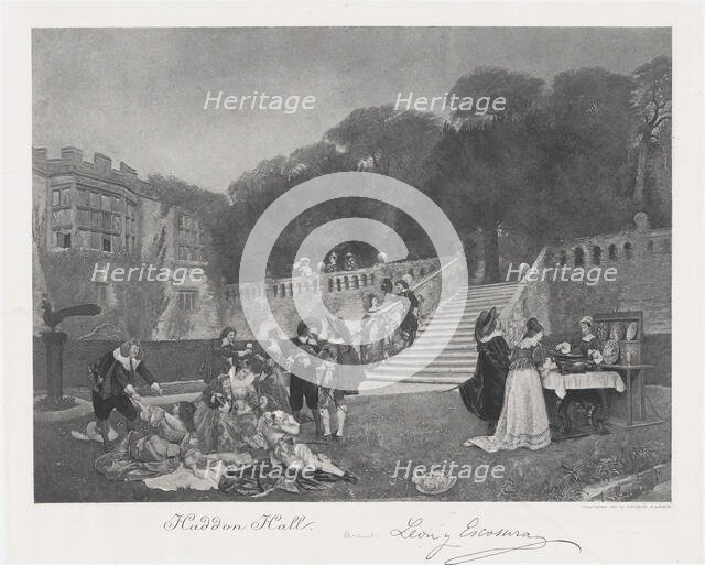 Haddon Hall with elegantly dressed figures in the foreground, 1881. Creator: After Ignacio de León y Escosura.