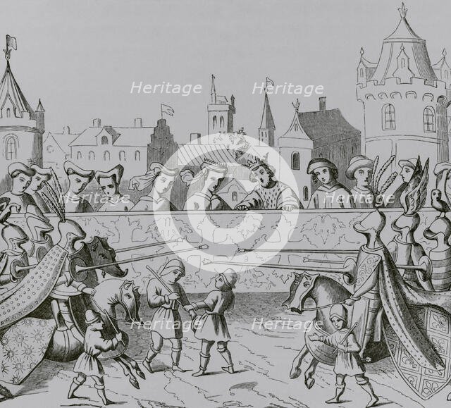 Jousting in honour of  Isabella of Bavaria's entrance into Paris, 20 June 1389 , 15th cent (1877).  Creator: Unknown.