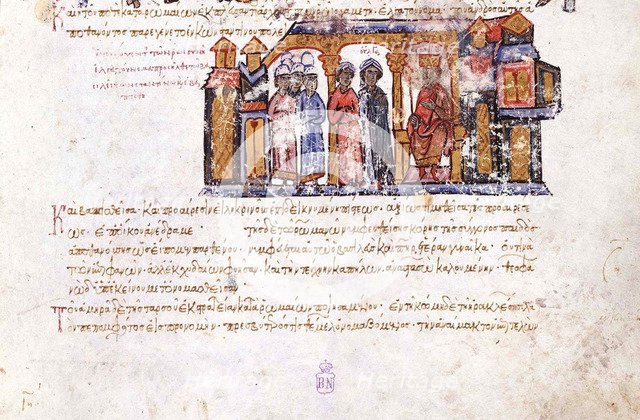 Grand Princess Olga visiting Constantine VII (Miniature from the Madrid Skylitzes), 11th-12th centur Artist: Anonymous  