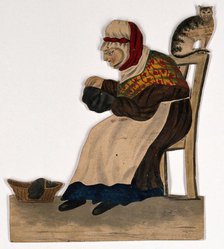 An old woman seated, sewing, with a cat on the back of her chair, 19th century. Creator: Stephen Jenner.