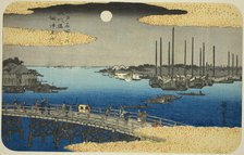 Fishing Boats near Eitai Bridge in Tsukuda Bay (Eitaibashi Tsukuda oki isaribune)..., c. 1832/34. Creator: Ando Hiroshige.
