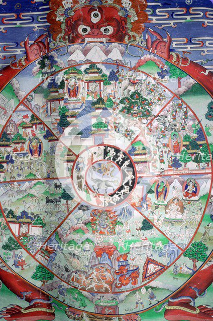 Tibetan painting of the wheel of transmigratory existence. Artist: Unknown