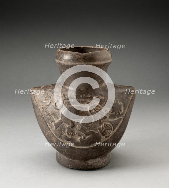 Wide-Mouthed Jar with Raised Motif of a Man Attacked by a Feline, 100 B.C./A.D. 500. Creator: Unknown.