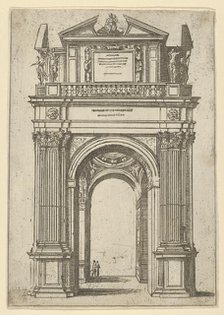 Triumphal arch surmounted by woman seated on a dolphin, four standing figures below, a tem..., 1598. Creator: Guido Reni.