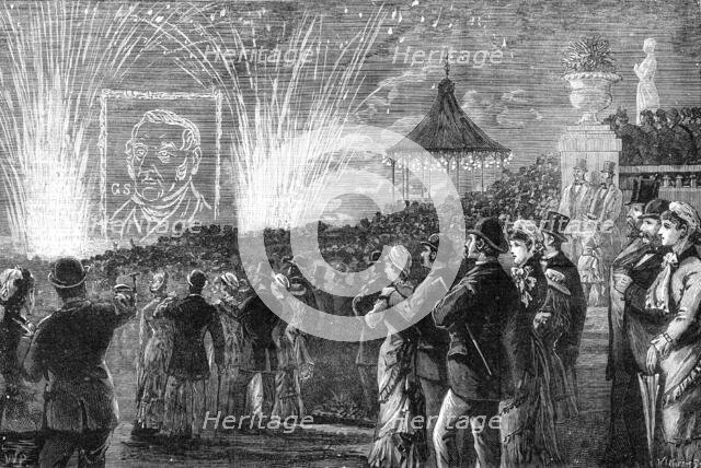 The George Stephenson Centenary Festival: firework display in Leazes Park, Newcastle-on-Tyne, 1881. Creator: W. P..