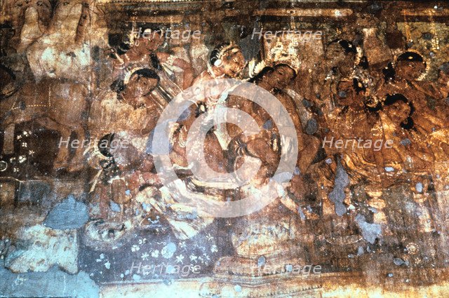 King Mahajanaka listening to Queen Vivali, Ajanta cave fresco, India, 1st-5th century AD. Artist: Unknown