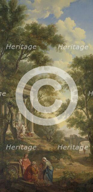 Arcadian landscape with a temple on the left and a seated old man in the foreground, 1771.  Creator: Juriaan Andriessen.