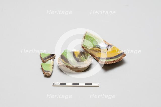 sherd, red body, white slip, yellow, green, black glaze, Mamluk period, 1250-1516. Creator: Unknown.