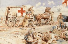 World War I: an advanced dressing station on the Western Front, 1917. Creator: Fortunino Matania.