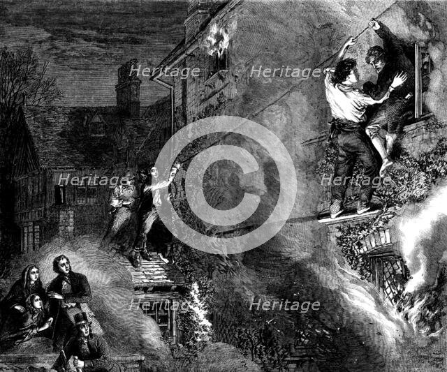 "Lord Riverdale's Repentance": George rescuing his grandfather, drawn by A. Hunt, 1862. Creator: Mason Jackson.