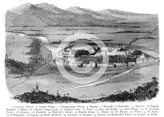Perspective Plan of Seringapatam, Indicating Severally The British Positions in 1792 and 1799', c189 Creator: James Grant.