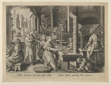 The Reeling of Silk, Plate 6 from "The Introduction of the Silkworm" [Vermis Sericus],..., ca. 1595. Creator: Karel van Mallery.