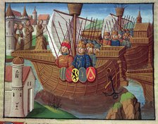 The Crusaders returning from the Holy Land, miniature in the incunable 'Ogier le Danois', printed…