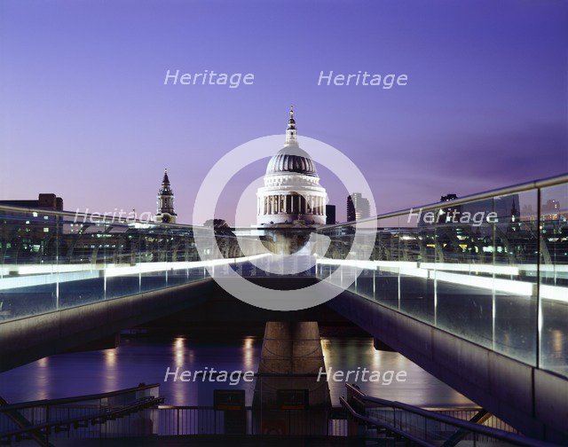 Millennium Bridge and St Paul's at dusk, c1998-2010. Artist: Unknown.