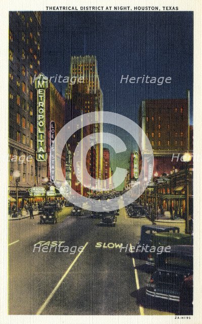 Theatrical district at night, Houston, Texas, USA, 1932. Artist: Unknown