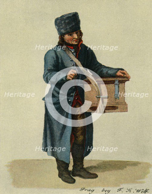 'Hooked harp and barrel-organ. Types of Prague musicians', 1948. Artist: Unknown.