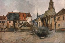 'En Alsace; Eclatement d'un obus allemand pres de l'eglise de Thann', 1915. Creator: Francois Flameng.