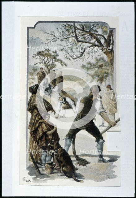 Poster with popular scene, game of 'barbell shooting' practiced in Alto Aragón, 1898. Creator: Tusell, J..