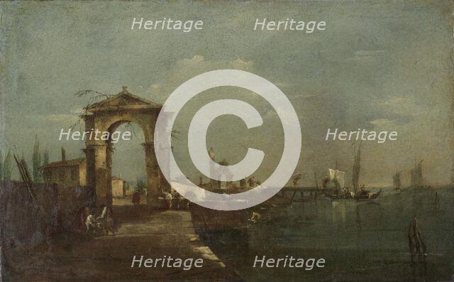 Landscape with a Quay and Ships on a Lake, 1760-1780. Creator: Francesco Guardi.