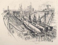 Submarines in Dry Dock, 1917. Creator: Joseph Pennell.