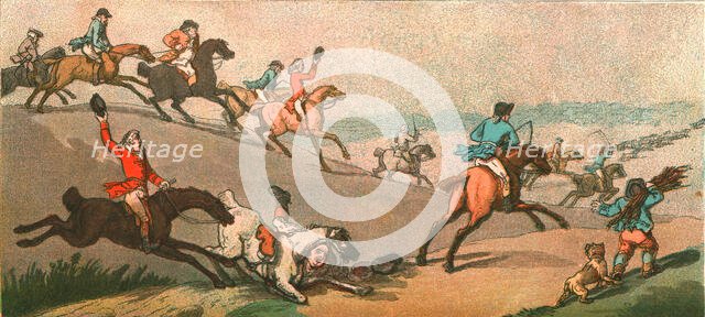 ''Old Fashioned Sporting Pictures, and the Road to Bygone Days; The Humours of Fox Hunting. 1788 --R Creator: Unknown.