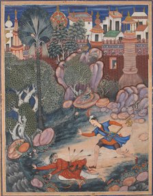 Umar Walks around Fulad Castle, Meets a Foot Soldier and Kicks Him to the Ground..., ca. 1570. Creator: Attributed to Kesav Das (.