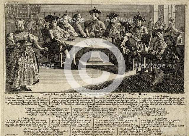 Conversation between 7 nations involved in the war in a cafe, 1757. Artist: Rugendas, Johann Lorenz, the Elder (1730-1799)