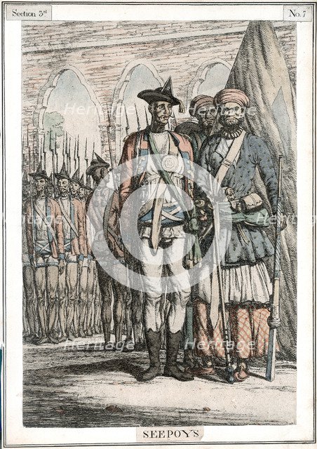 Sepoys, native troops employed by East India Company, 19th century. Artist: Unknown