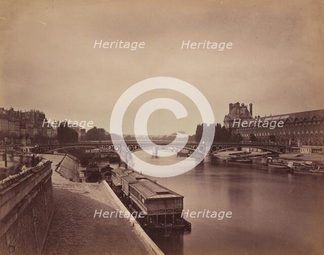 The Pont du Carrousel, Paris: View to the West from the Pont des Arts, 1856-1858. Creator: Gustave Le Gray.