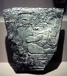 Jade plaque showing a seated Mayan king, 400-800. Artist: Unknown