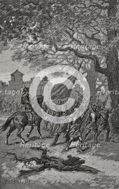 Departure of the Barcelonians to help those besieged in San Adrián de Besós, 15th century, (1890). Creator: Joan Serra y Pausas.