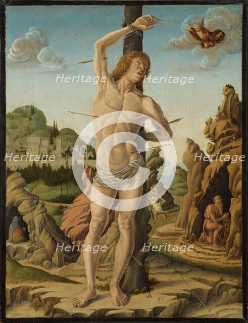 Saint Sebastian in a Rocky Landscape with Saints Jerome, Anthony Abbot and Christopher, 1475-1478. Creator: Zoppo, Marco (1433-1478).