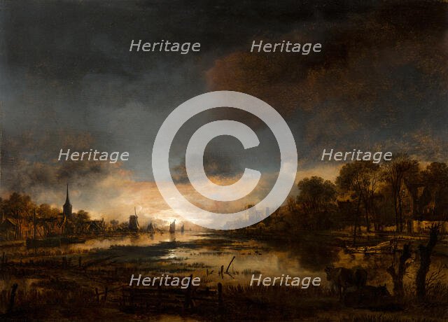 River Landscape at Sunset, c1630-1670. Creator: Aert van der Neer.