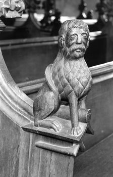 Late medieval bench end in St Mary's Church, Woolpit, Suffolk, c1965-c1969.   Artist: Laurence Goldman