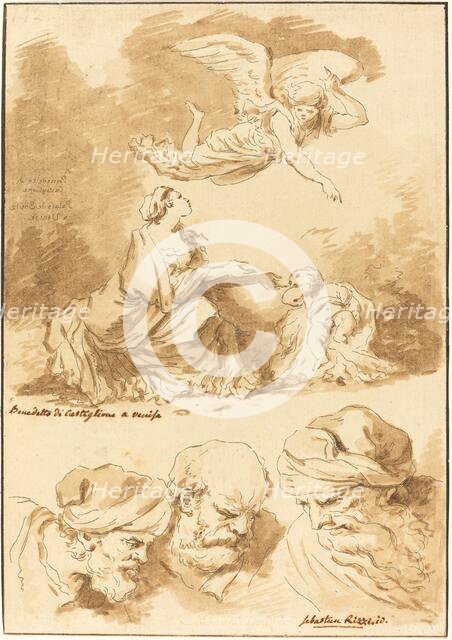 Hagar Consoled by an Angel (from a painting by Castiglione) and Three Heads of Old Men..., 1774. Creator: Jean Claude Richard Saint-Non.