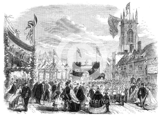 The Essex Agricultural Society's Show at Halstead: triumphal arch near the old church, 1862. Creator: Unknown.