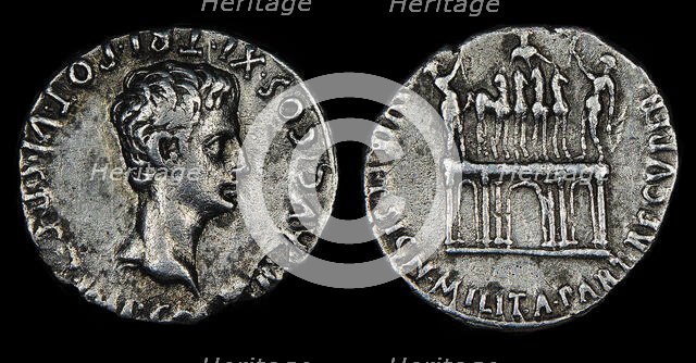 Denarius of Augustus. Obverse: Head of Augustus. Reverse: quadriga on..., 18th-16th cen. BC. Creator: Numismatic, Ancient Coins  .