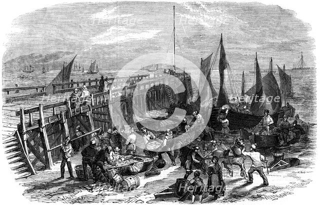 Return of the herring boats, Yarmouth, Isle of Wight, 1856.Artist: NR Woods