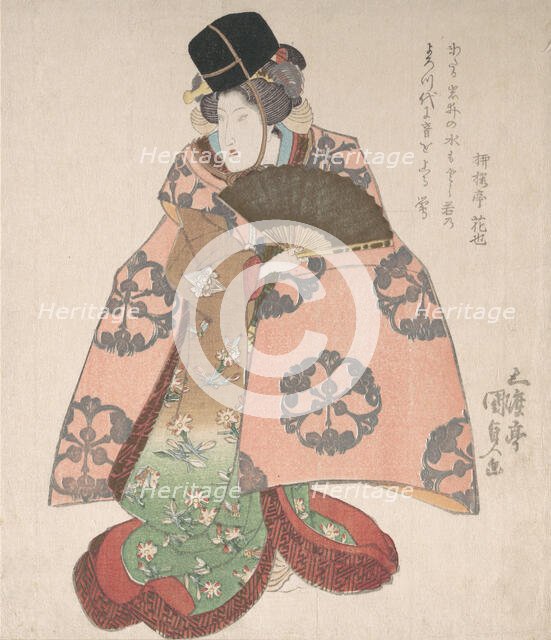 Kabuki Actor in a Female Role Standing with a Fan, 19th century., 19th century. Creator: Utagawa Kunisada.