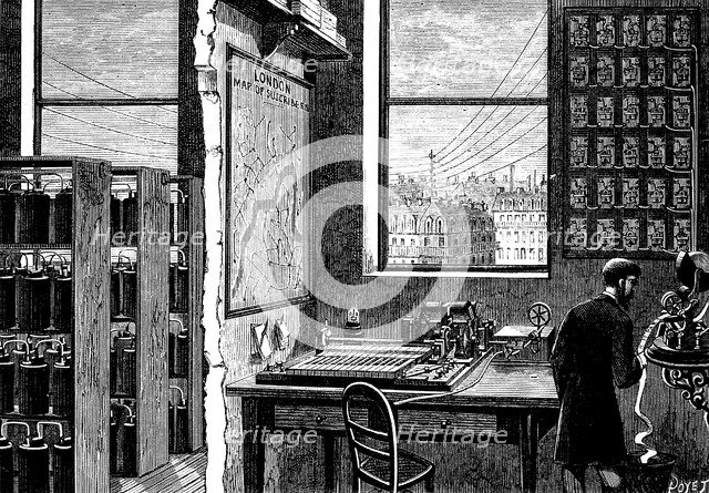 Main station of the Exchange Telegraph Company, London, 1882. Artist: Unknown