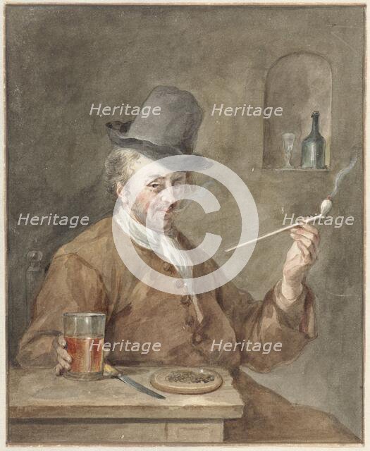 Man smoking a pipe at a table with a plate, a knife and a glass, 1778. Creator: Aert Schouman.