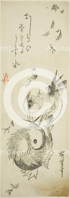 Mandarin ducks crossing icy pond amid falling leaves, 1830s. Creator: Ando Hiroshige.