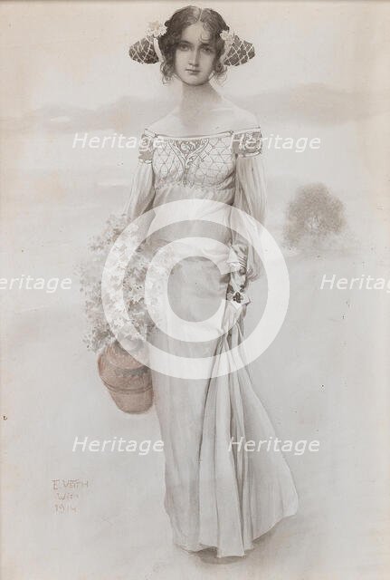 A girl with a jug and a bouquet of flowers, 1914. Creator: Veith, Eduard (1856-1925).