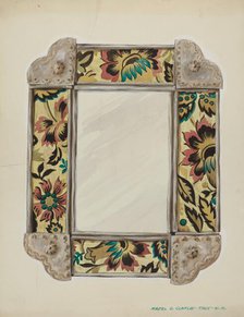 Mirror, Framed with Wall Paper Panels, Bordered in Tin, c. 1938. Creator: Majel G. Claflin.