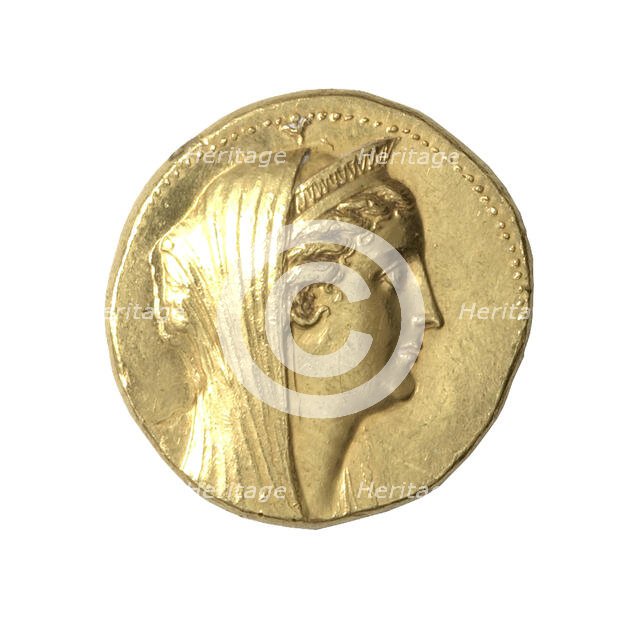 Octadrachm (Coin) Portraying Queen Arsinoe II, After 270 BCE, issued by King Ptolemy II or III. Creator: Unknown.