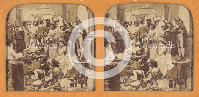 Scenes Animees large group of people dressed in Greek or Roman costumes, about 1865. Creator: Adolphe Block.