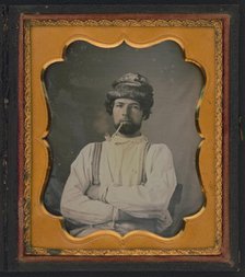 Head and shoulders portrait of a man, possibly a plasterer, seated, smoking a pipe, ca. 1850s. Creator: Unknown.