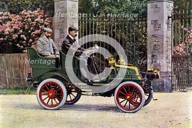 Two Edwardian gentlemen sitting in a motor car, 1902-1903. Artist: John Swan & Son