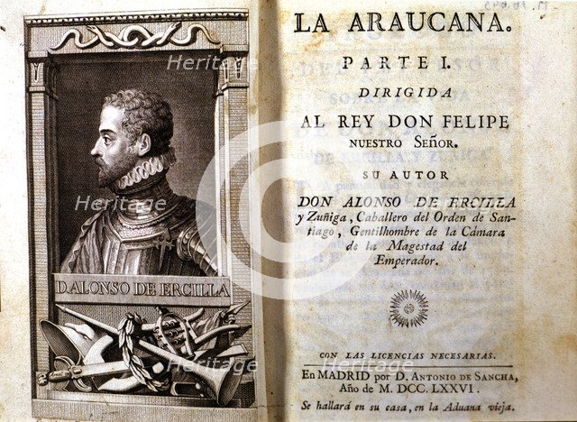 Cover of the book 'La Araucana', 1776 edition with engraving of the bust of the author.